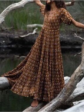 Daughters of India Brown Floral Maxi Dress